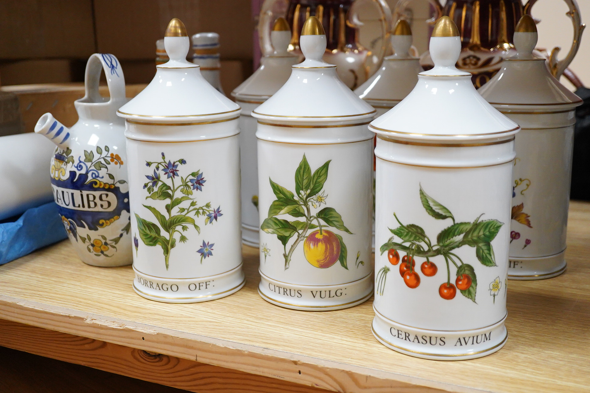 Six Italian faience Botanical apothecary jars and covers - 26cm high, two other 19th century style jars and three other related items.